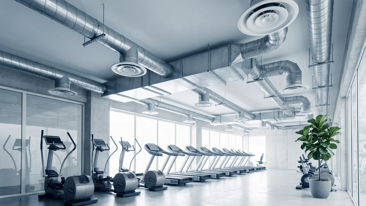 Helles Fitnessstudio mit Tageslicht durch eine Fensterfront