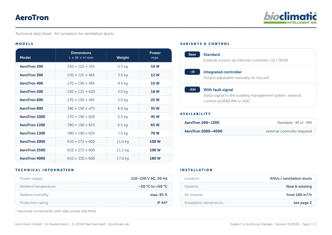 Technisches Datenblatt AeroTron, Seite 1 von 2 (Englisch)