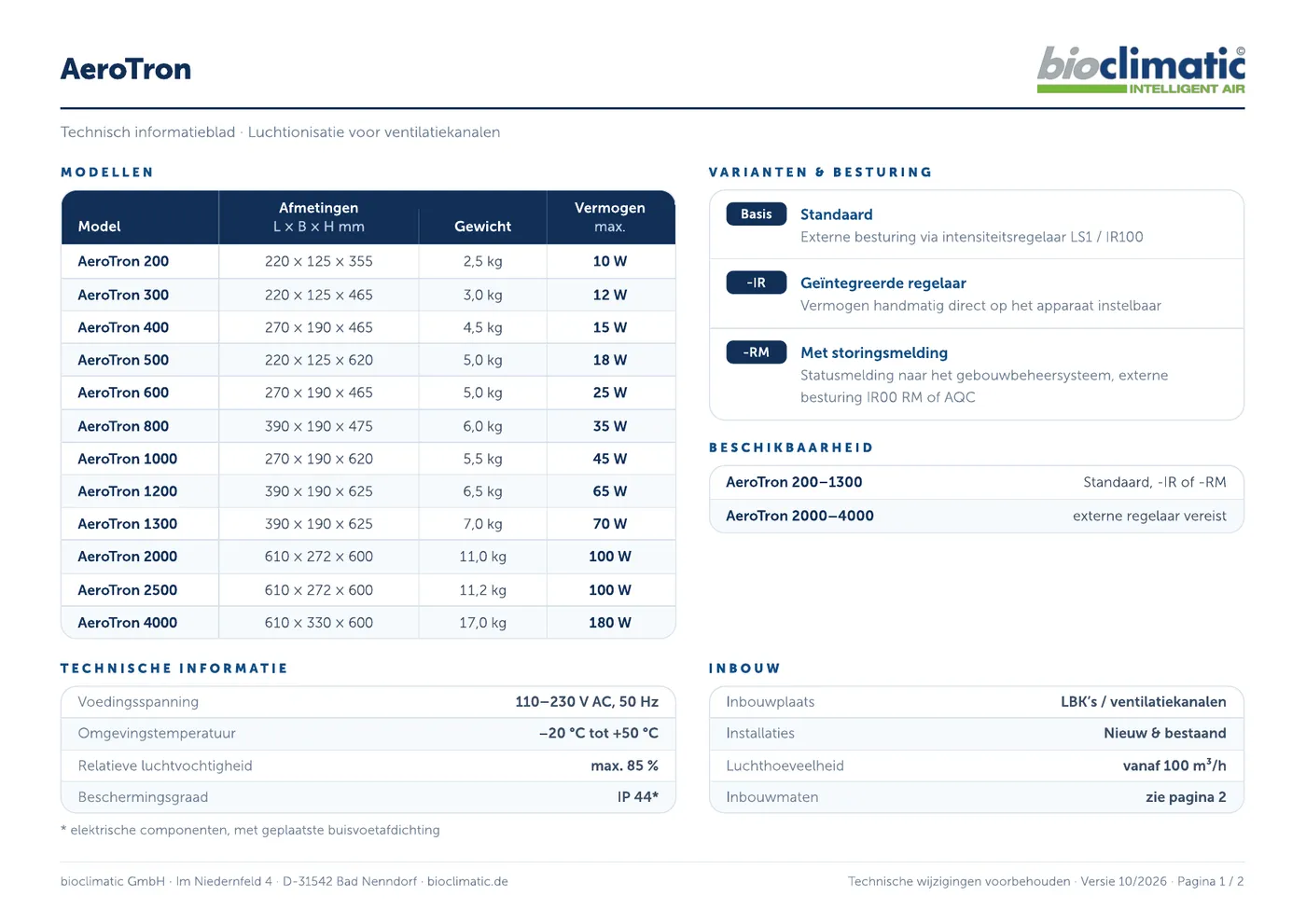 Technisches Datenblatt AeroTron, Seite 1 von 2 (Niederländisch)
