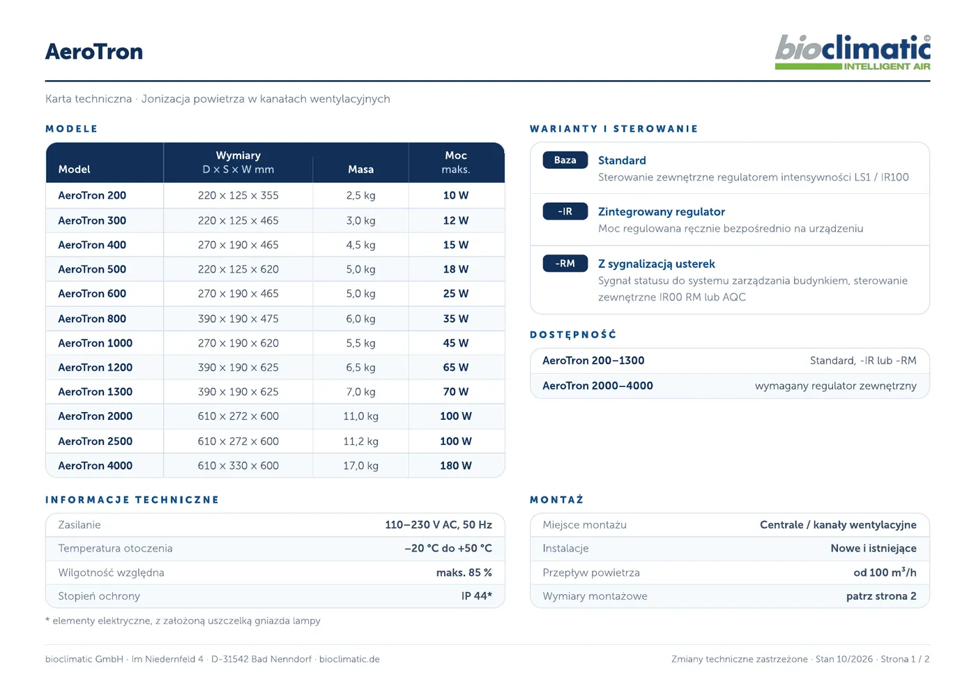 Technisches Datenblatt AeroTron, Seite 1 von 2 (Polnisch)