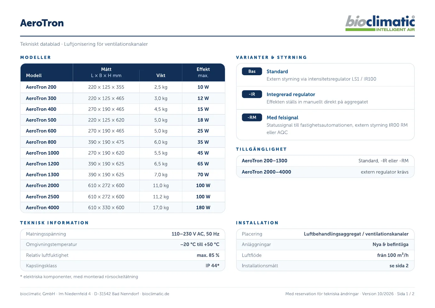Technisches Datenblatt AeroTron, Seite 1 von 2 (Schwedisch)