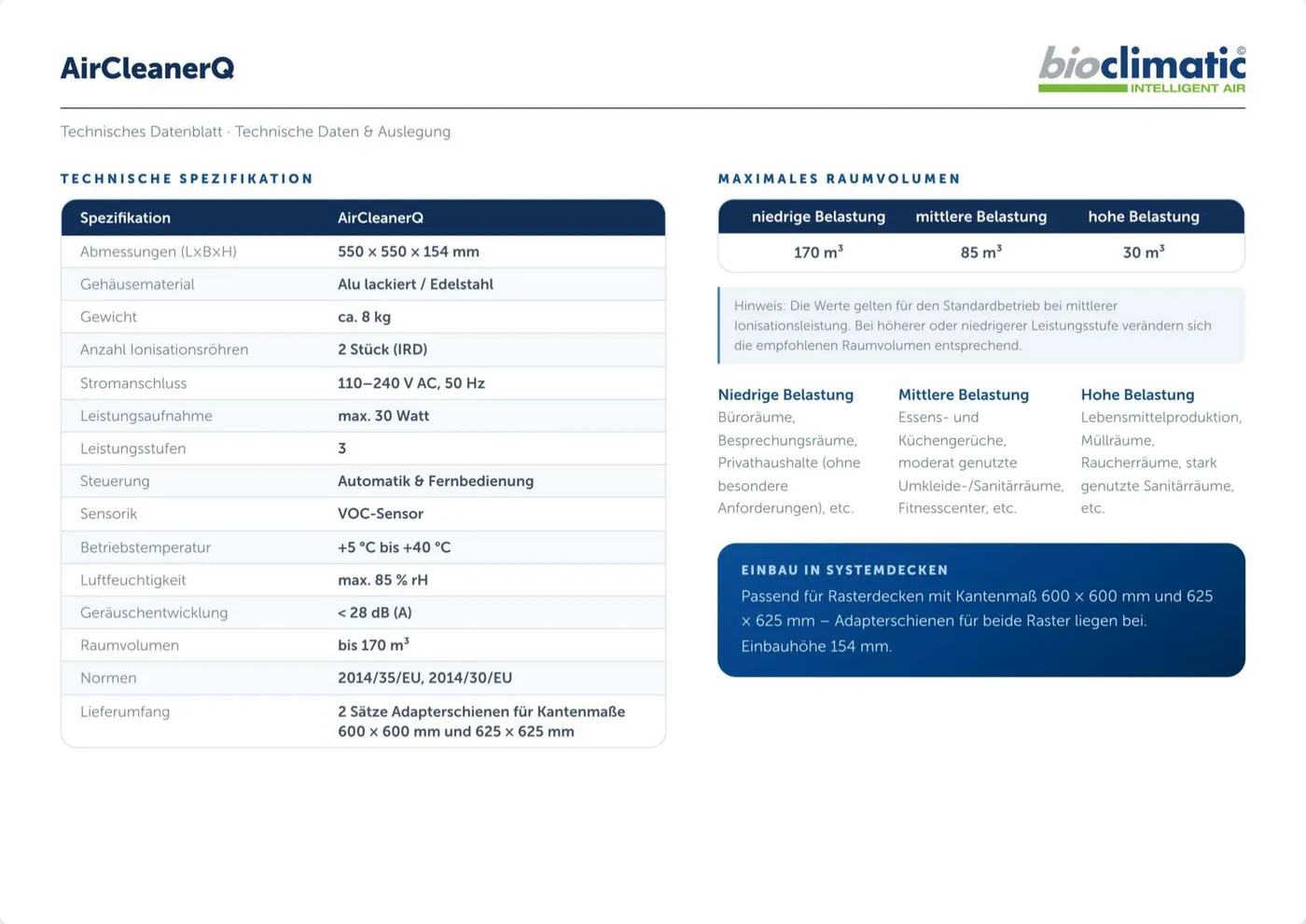 Technisches Datenblatt AirCleanerQ, Seite 1 von 2 (Deutsch)