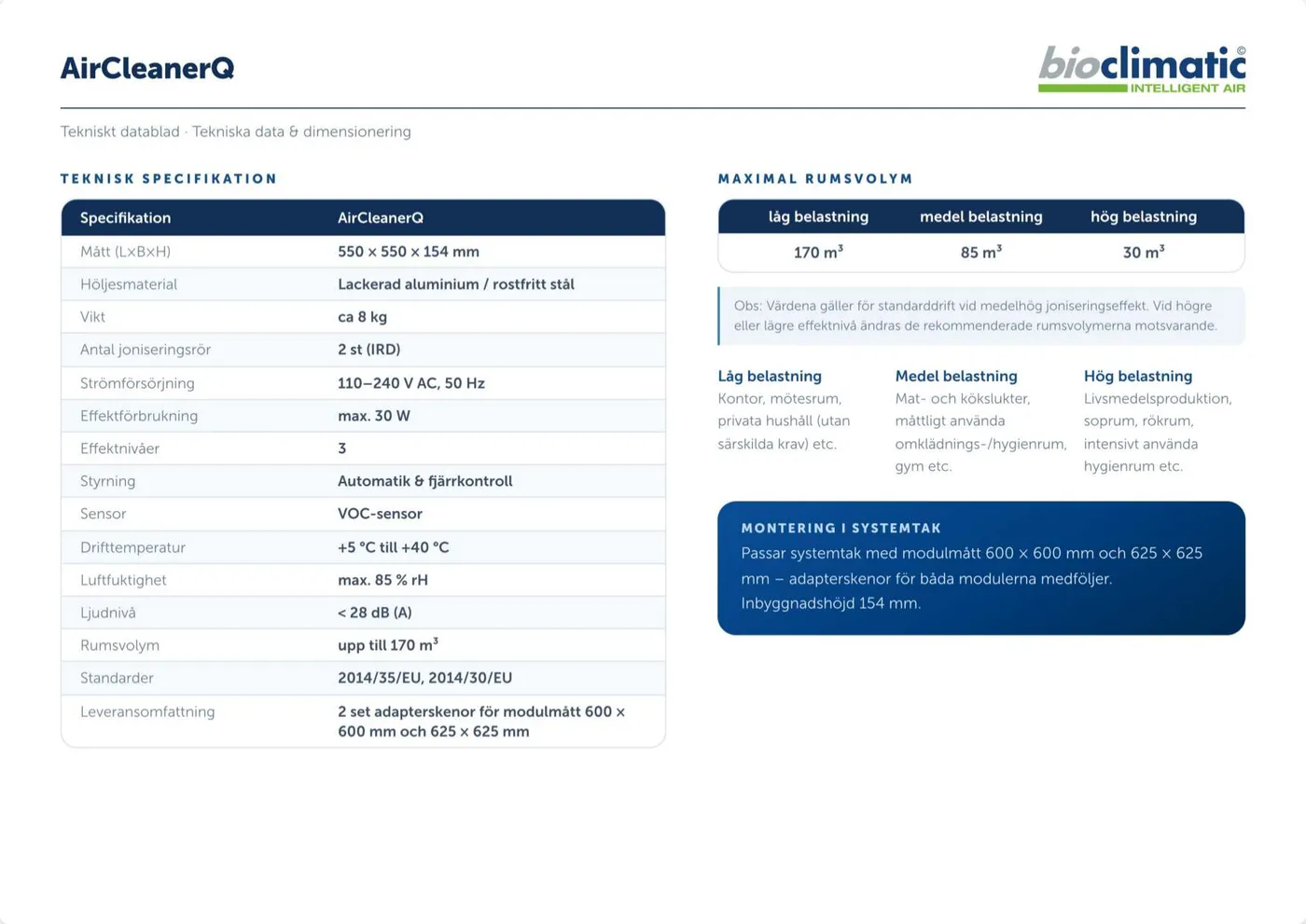 Technisches Datenblatt AirCleanerQ, Seite 1 von 2 (Schwedisch)